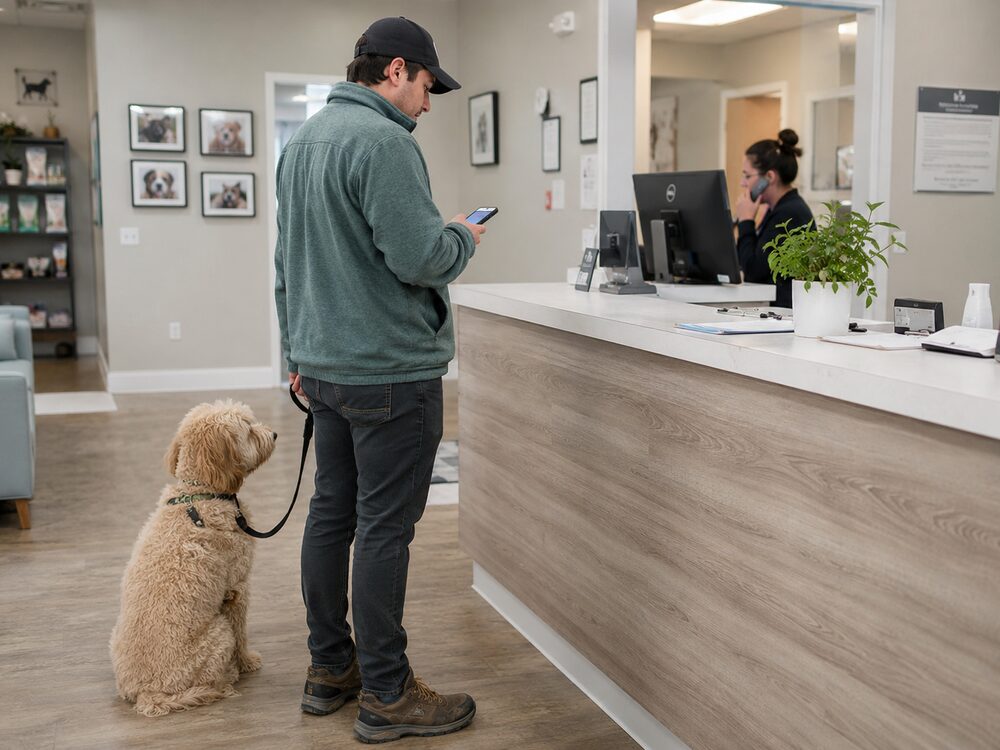Pet owner at a vet's front desk