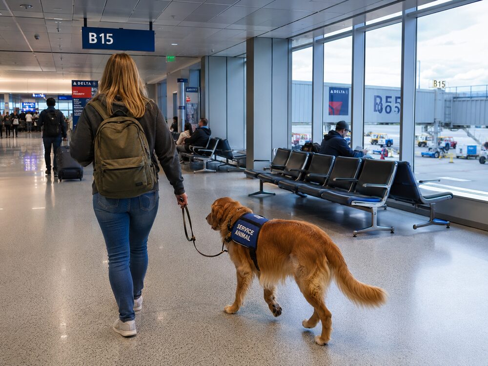 Dog at an airport gate with a travel carrier