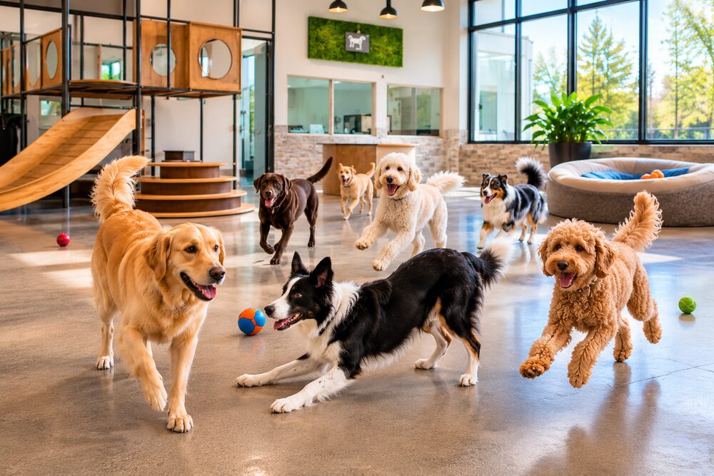 Dog at a pet boarding facility