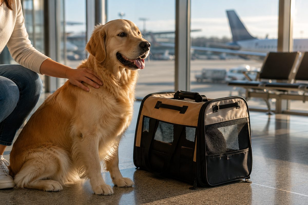 Dog with a travel carrier at the airport