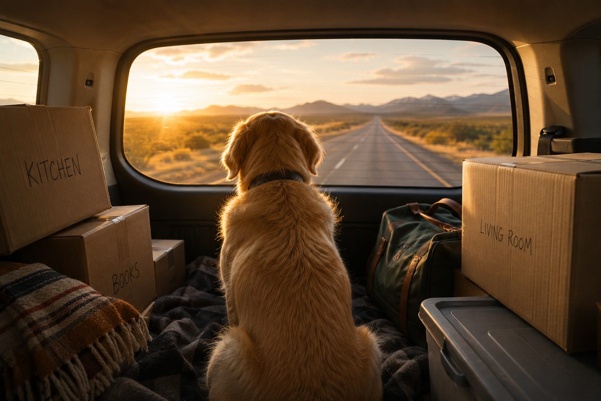 Dog looking out the back window of a car packed with moving boxes