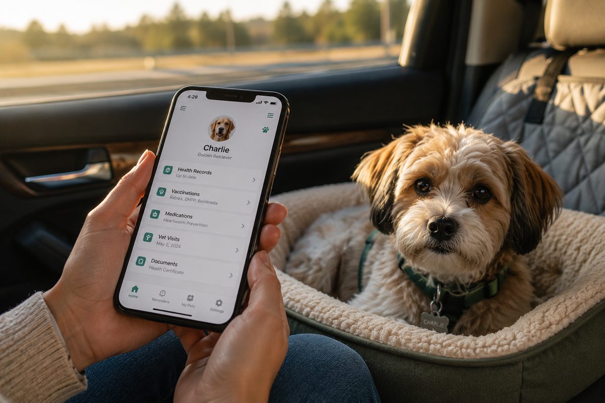 Pet health records app shown on a phone next to a dog in a car